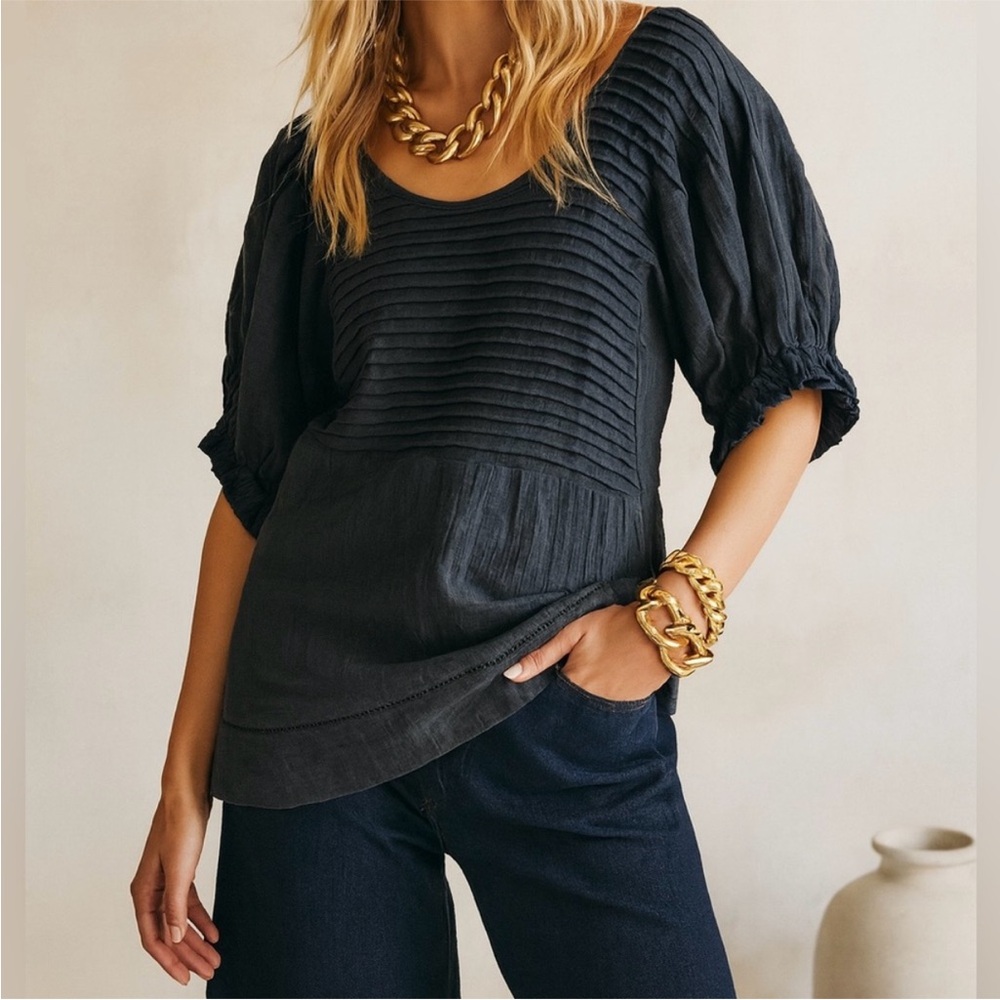 Free People Black Pintuck Peasant Blouse